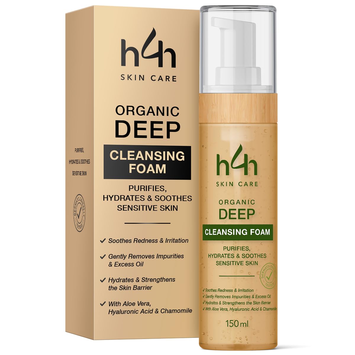 Espuma limpiadora facial orgánica – Limpieza facial suave para pieles sensibles – Con aloe vera, ácido hialurónico y manzanilla – Limpiador de espuma hidratante – Vegano y sin perfume – 150 ml
