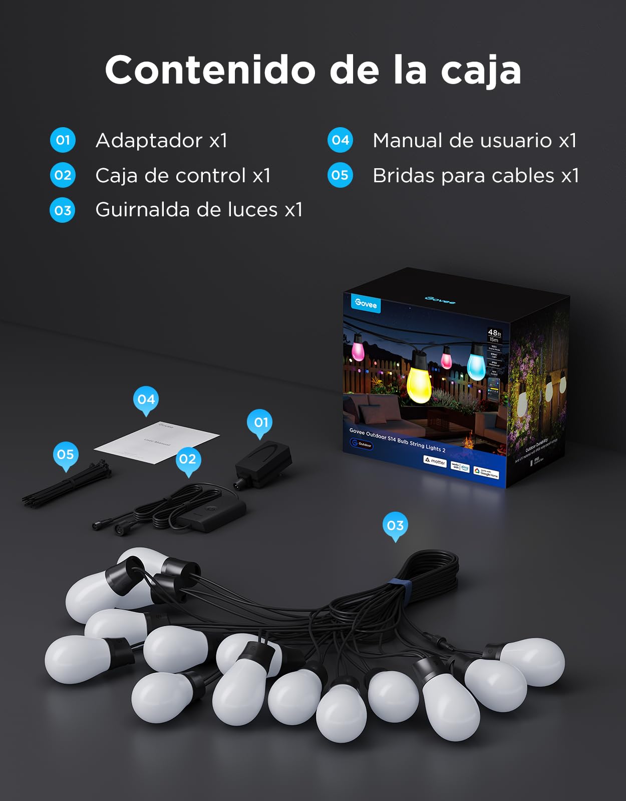 Govee Guirnalda Luces Exterior 15M, RGBICW 65lm pro LED, App Control, IP66 | 16M Colores DIY, 111+ Modos de Escenas, Sync Música, Matter/Alexa/Google, 25000h, Instal. Fácil, Jardín/Balcón/Terraza