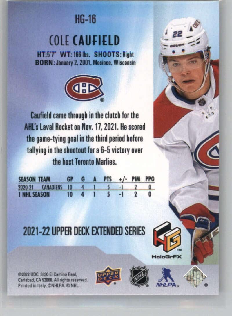 2021-22 Upper Deck Extended Series HoloGrFx Rookies Gold #HG-16 Cole Caufield RC Rookie Card Montreal Canadiens Official NHL Hockey Card in Raw (NM or Better) Condition