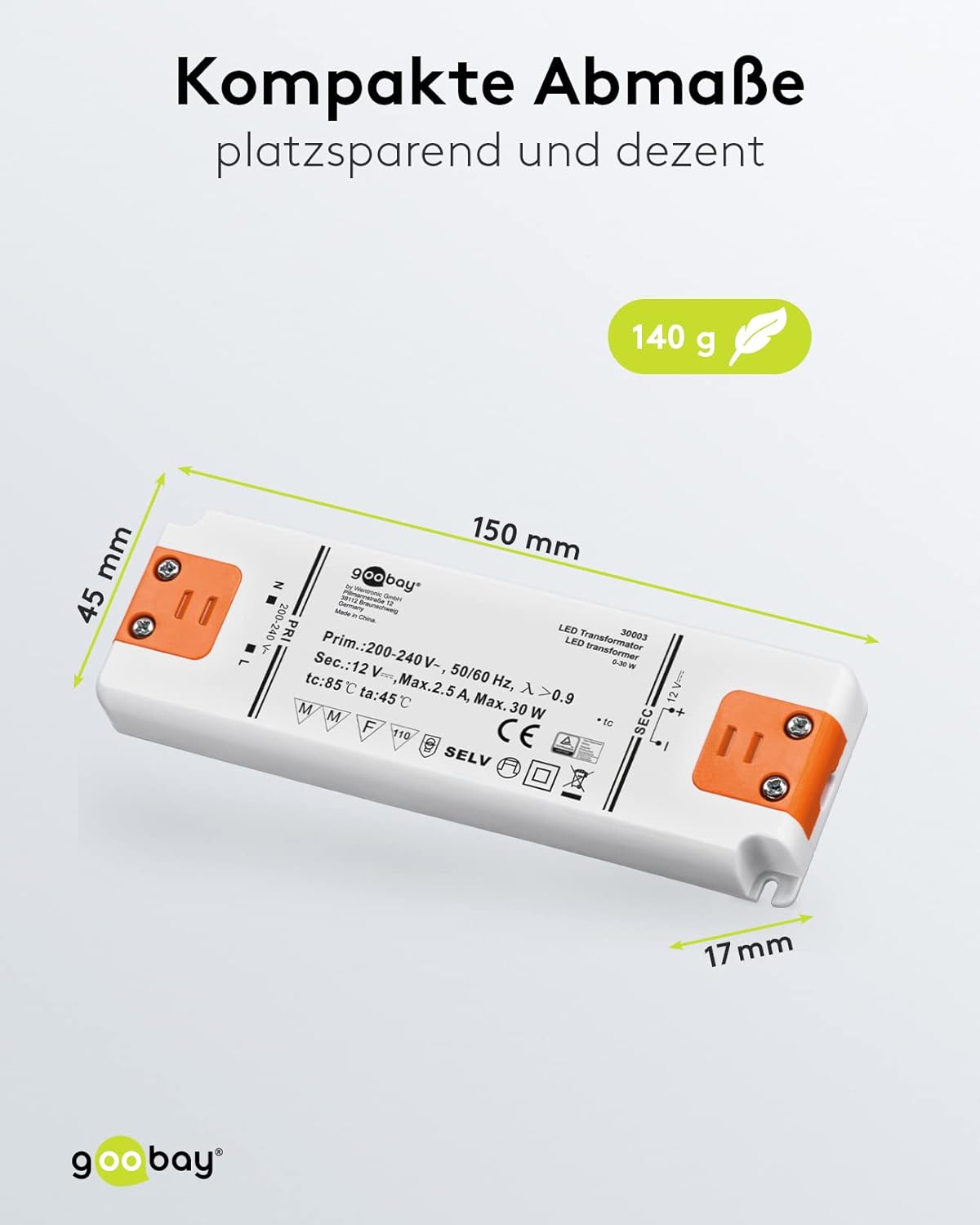 Goobay 30003 LED Transformer with dimensions labeled