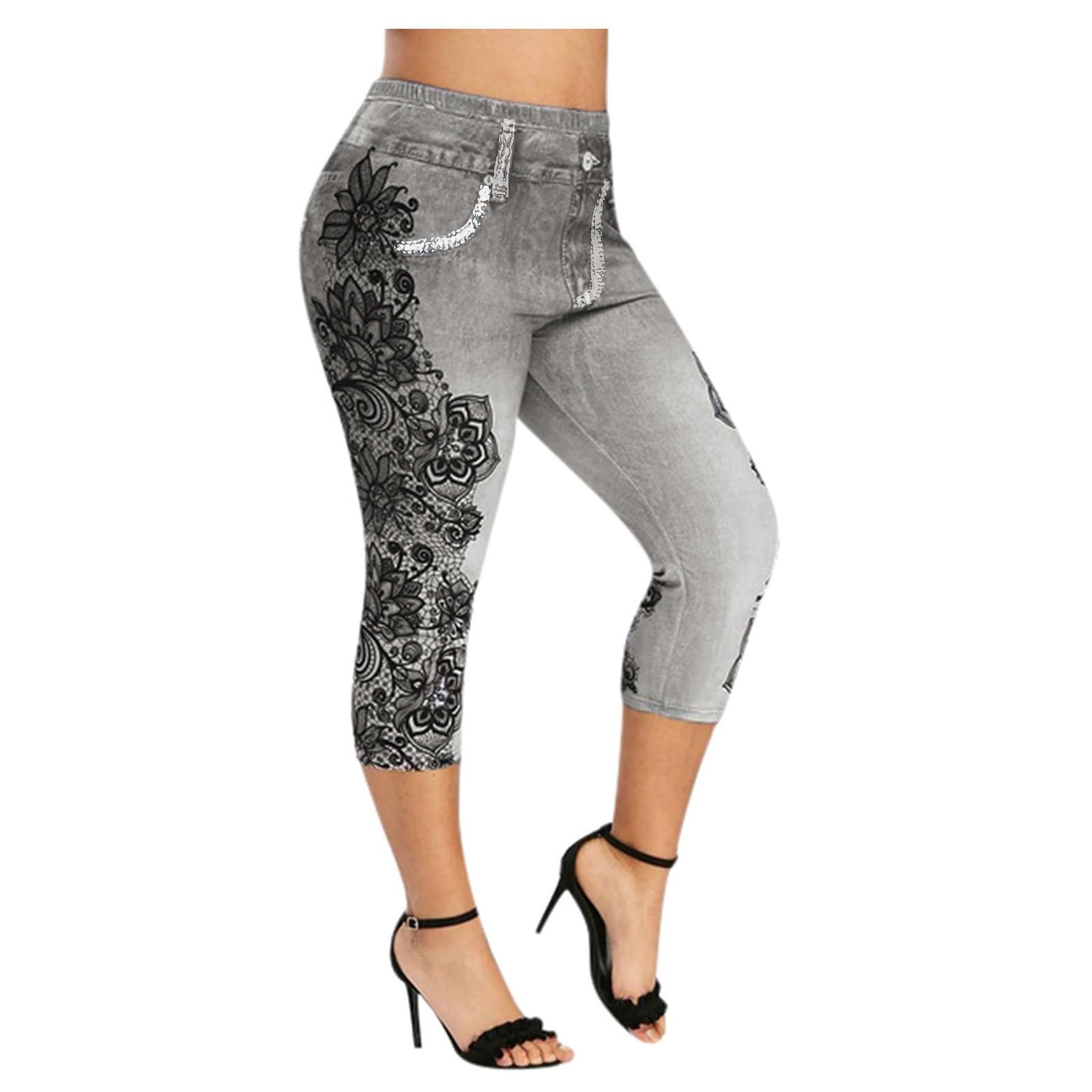 TIMIFISYoga Denim Pants for Women Plus Size Butt Lifting Capri Pants Fashion Floral Cropped Pants Workout Leggings