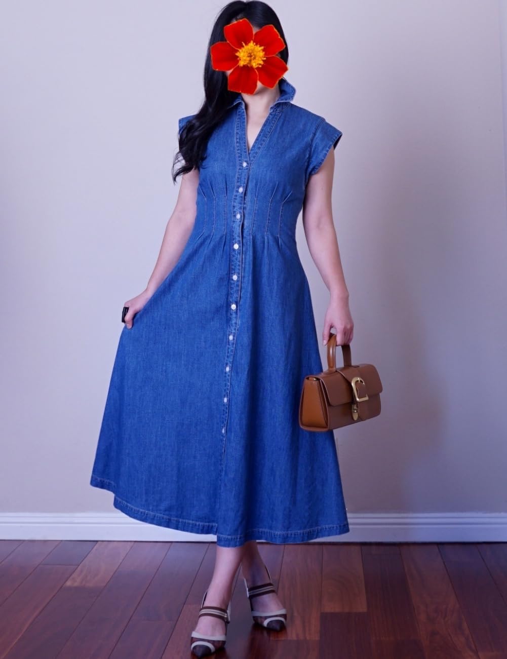 Women's Summer Denim Shirt Dress Lapel V Neck Cap Sleeve Jean Dress Button Down A-Line Long Dresses - Image 5