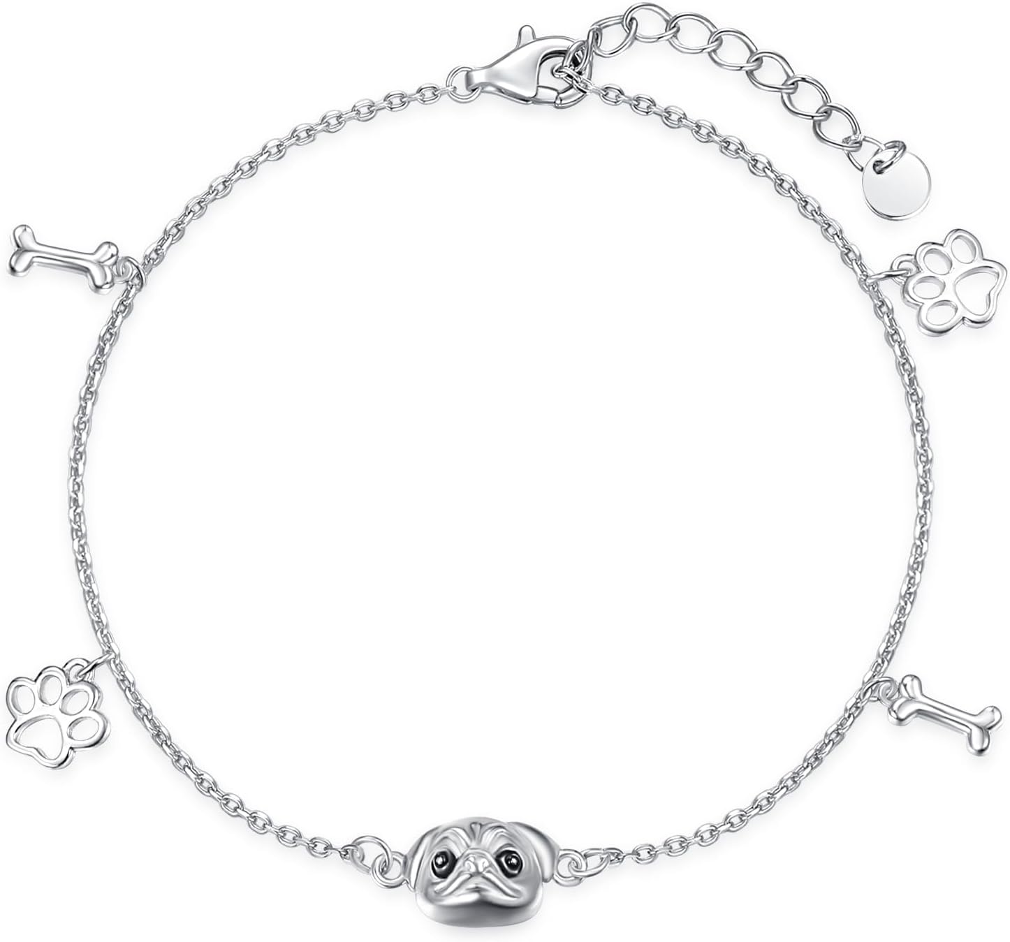 KINGWHYTE Cat/Dog Bracelet for Women 925 Sterling Silver Kitten/French Bulldog Bracelet with Paw Print Adjustable Charm Bracelets Animal Jewelry Birthday Christmas Gifts for Pet Lover