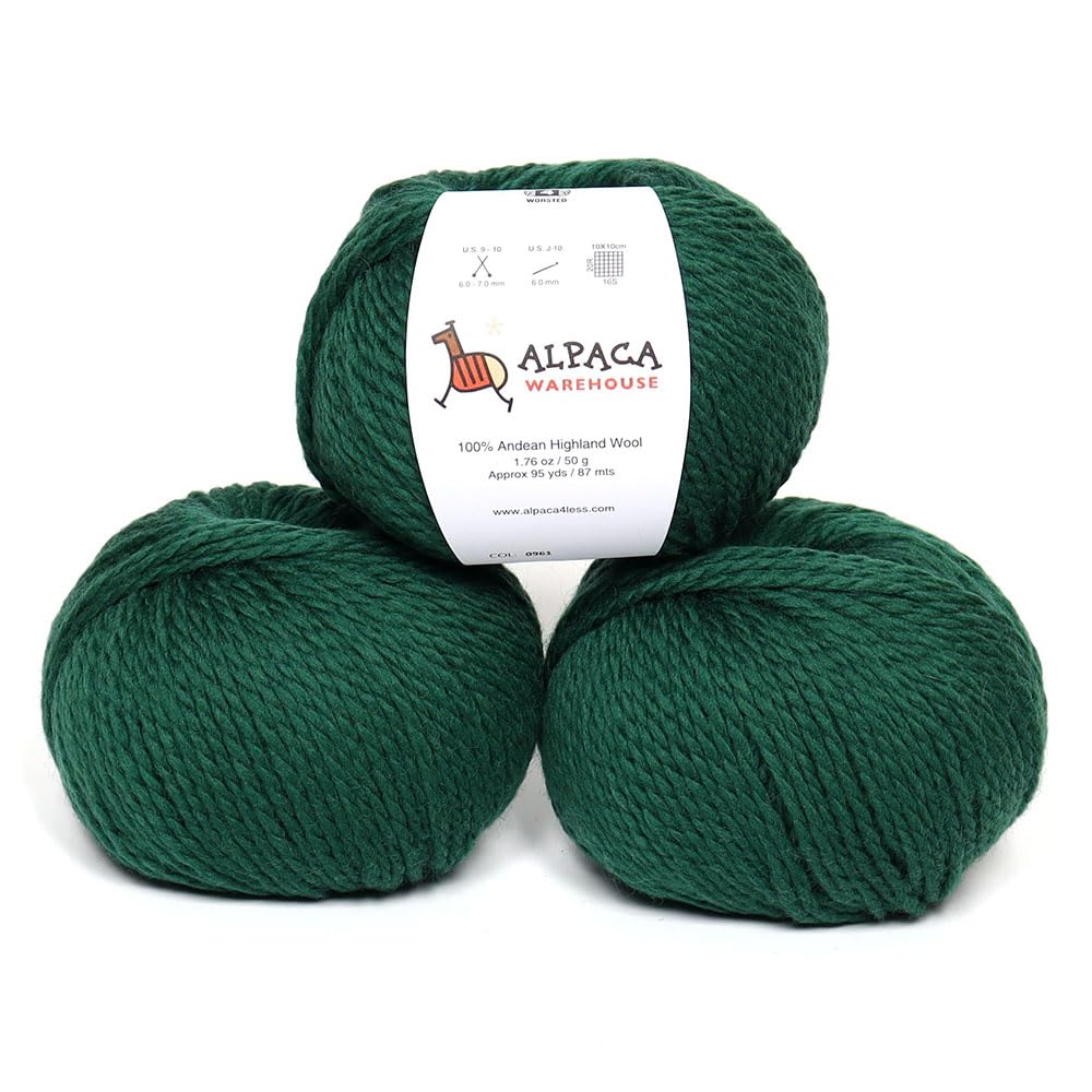 Alpaca Warehouse 100% Highland Wool Yarn Set of 3 Skeins (150 Grams) Worsted Weight - Sourced Directly from Peru - Heavenly Soft and Perfect for Knitting and Crocheting (Green)