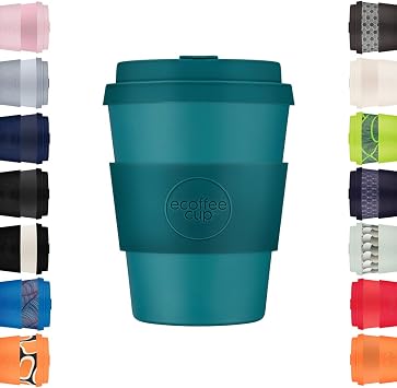 Ecoffee Cup 12oz 350ml Reusable Coffee Cup PLA Plant-Based Travel Mug with Silicone Lid, Melamine Free & Dishwasher Safe Bay of Fires