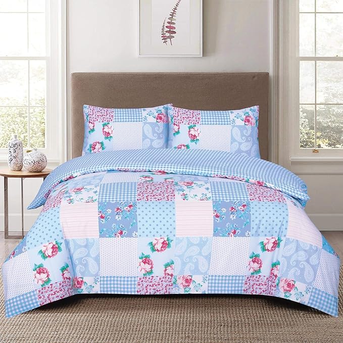 Complete Bedding Set Cotton Rich Printed Patchwork Floral Duvet Cover, Fitted Sheet & Pillowcases for Stylish Bedroom Décor and Easy Care (Floral Blue, Single)