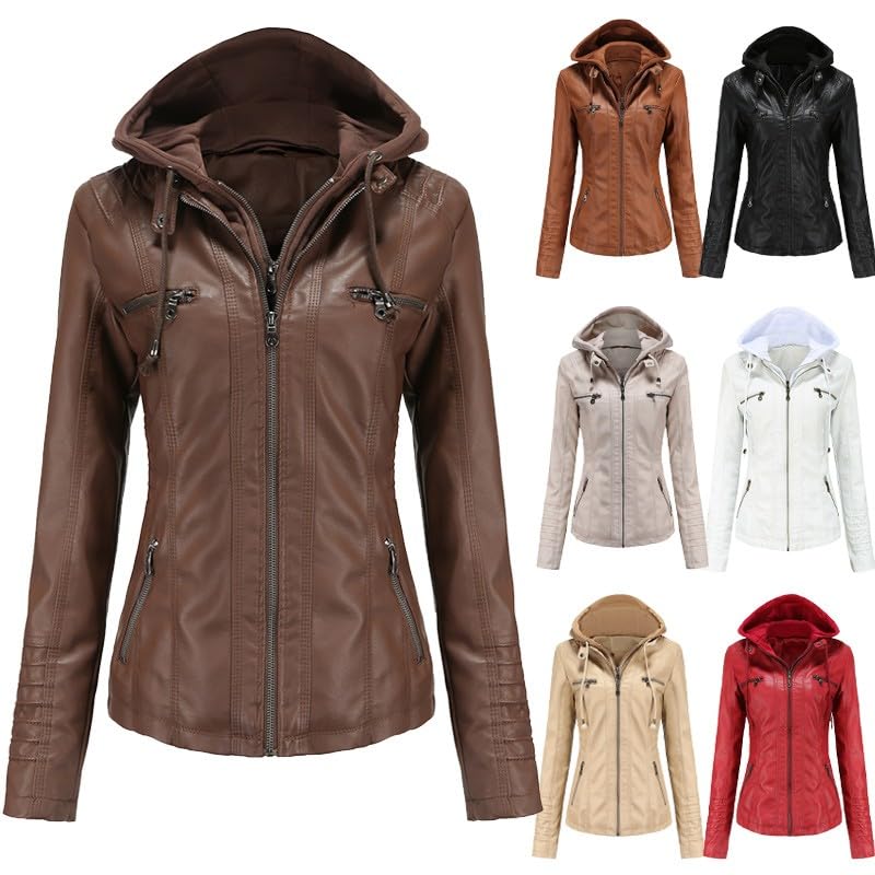Veste motard marron café pour femme en similicuir chaud taille 2XL avec capuche - 4