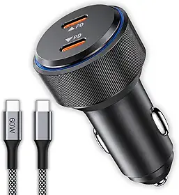 Carregador Veicular Turbo 60W USB-C Duplo PD Fast Charge com Cabo Reforçado | Carregamento Rápido para iPhone 15, 16, 17 Pro Max, Samsung Galaxy, Xiaomi e Android | Compatível com 12V/24V