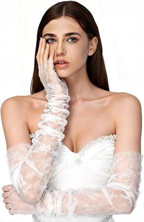 Lace Floral Gloves Bridal Lace Arm Sleeves White Elbow Length Fingerless Gloves Elegant Women Wedding Hand Accessories for Prom Dinner Evening