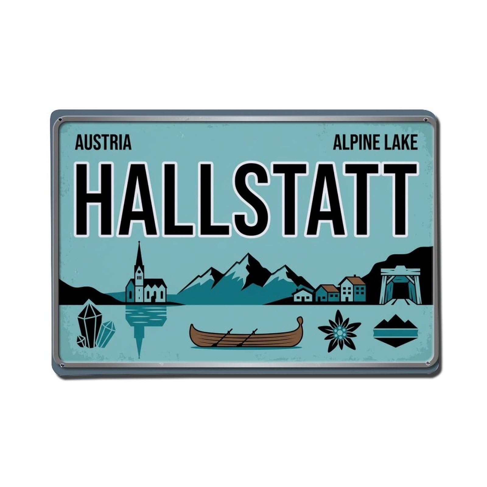 Xanthor Style Vintage Travel Hallstatt Lake Church Salt Metal Tin Sign