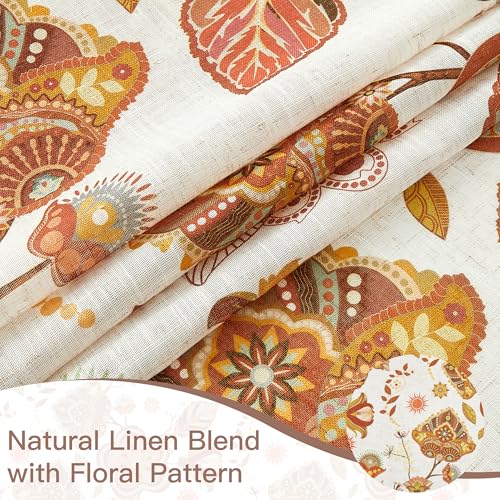 Image of Terracotta Floral Linen Curtains for Living Room Dining 96 Inches Long 2 Panels Back Tab Vintage Farmhouse Flower Pattern Window Drapes Semi Sheer Light Filtering Bedroom Burnt Orange Autumn Fall