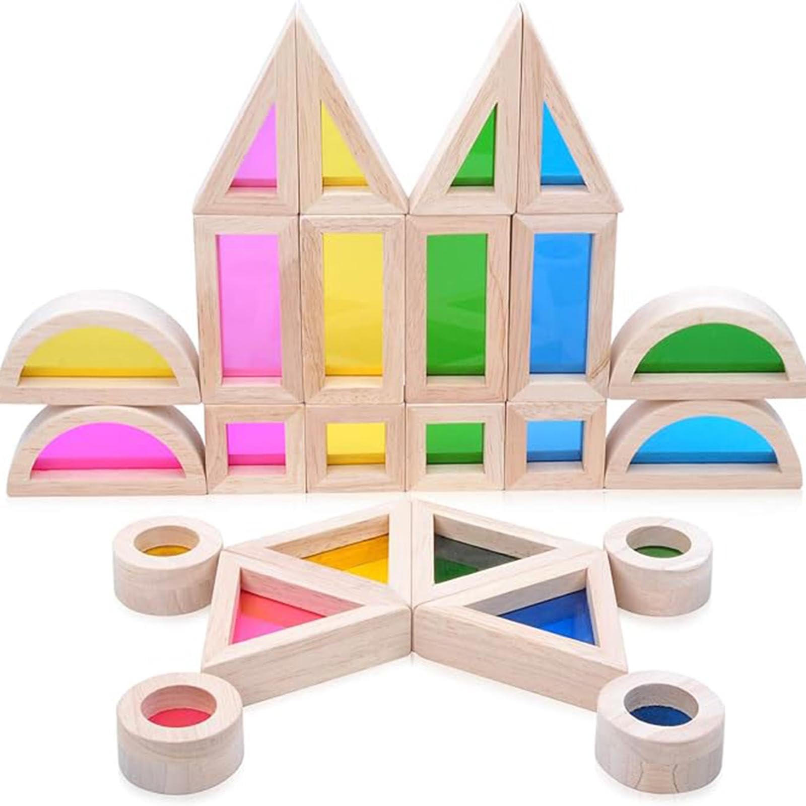 Bloques de Construcción Educativos de 24 Piezas, de Madera Y Acrílico, Formas Apilables, Colores, Juguetes de Aprendizaje Temprano para Niños