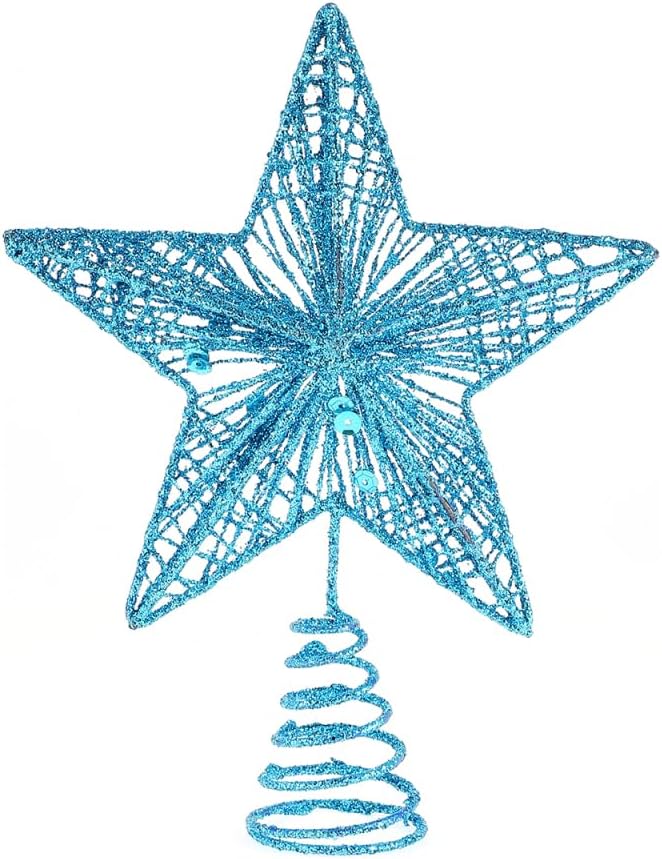 Christmas Tree Topper Star - Metal Christmas Treetop Hallow Wire Star Topper - Glittering Xmas Tree Decoration Ornaments for Xmas Home Decoration (6 inches, Blue)