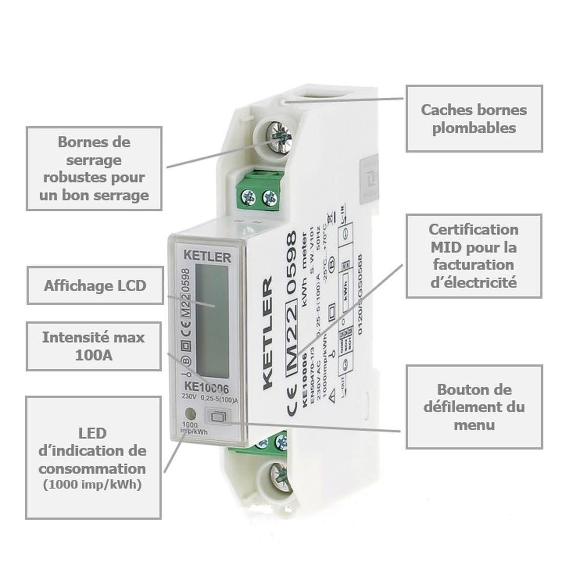 KETLER KE10006: Medidor eléctrico monofásico 100A - Certif MID - Precio único