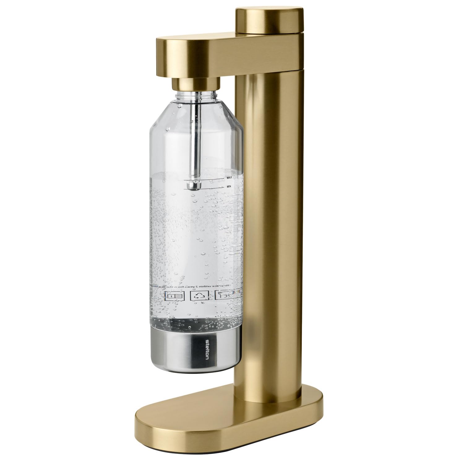 SteltonBrus Water Carbonator with Bottle, Premium Carbonator for Water with CO2 - Adjustable Bubble Strength - Scandinavian Design, Brushed Brass