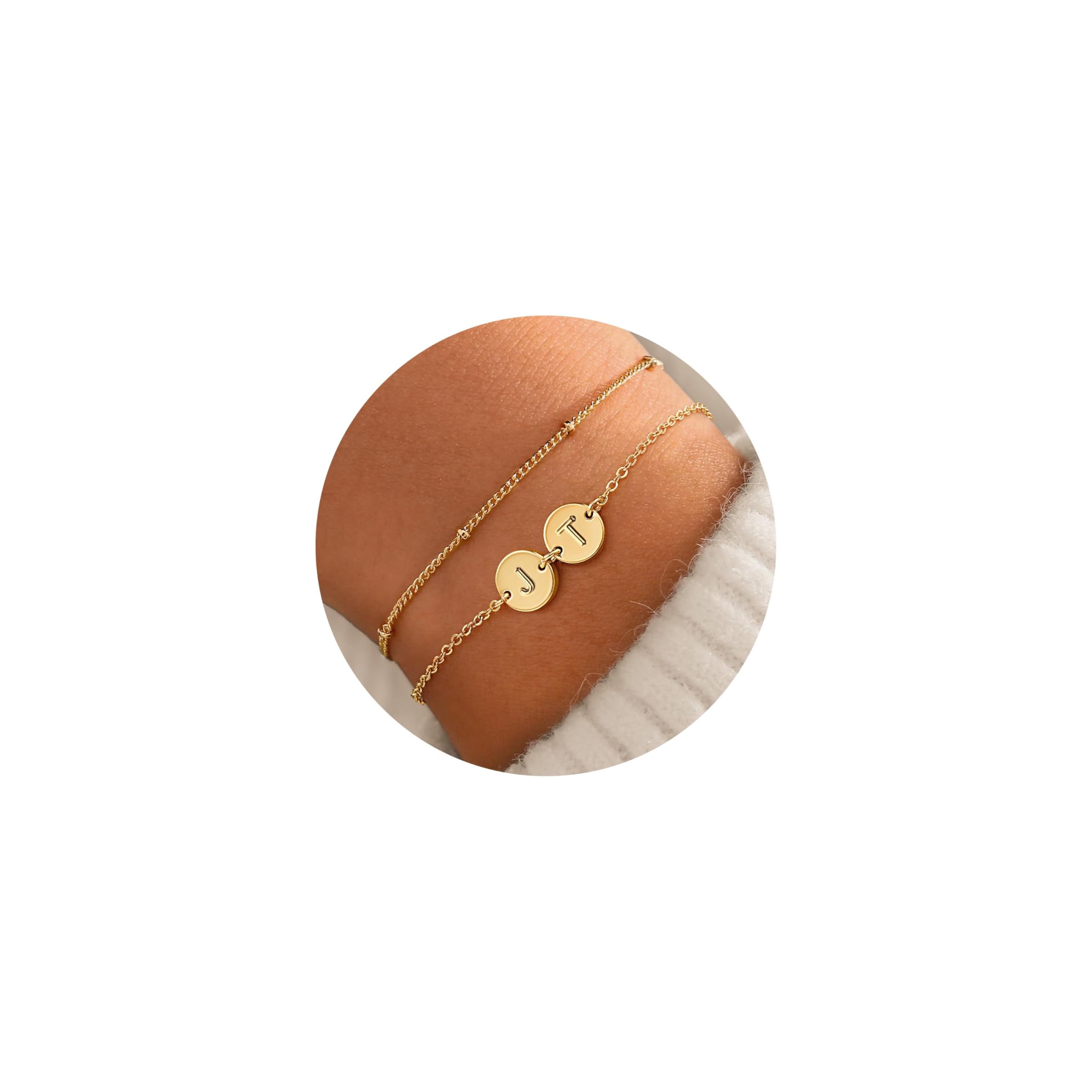 Turandoss Two Initial Bracelet for Women Trendy, Dainty 14K Gold Plated 2 Initial A-Z Disc Stacked Layered Bracelet Set Personalized Friendship Gifts