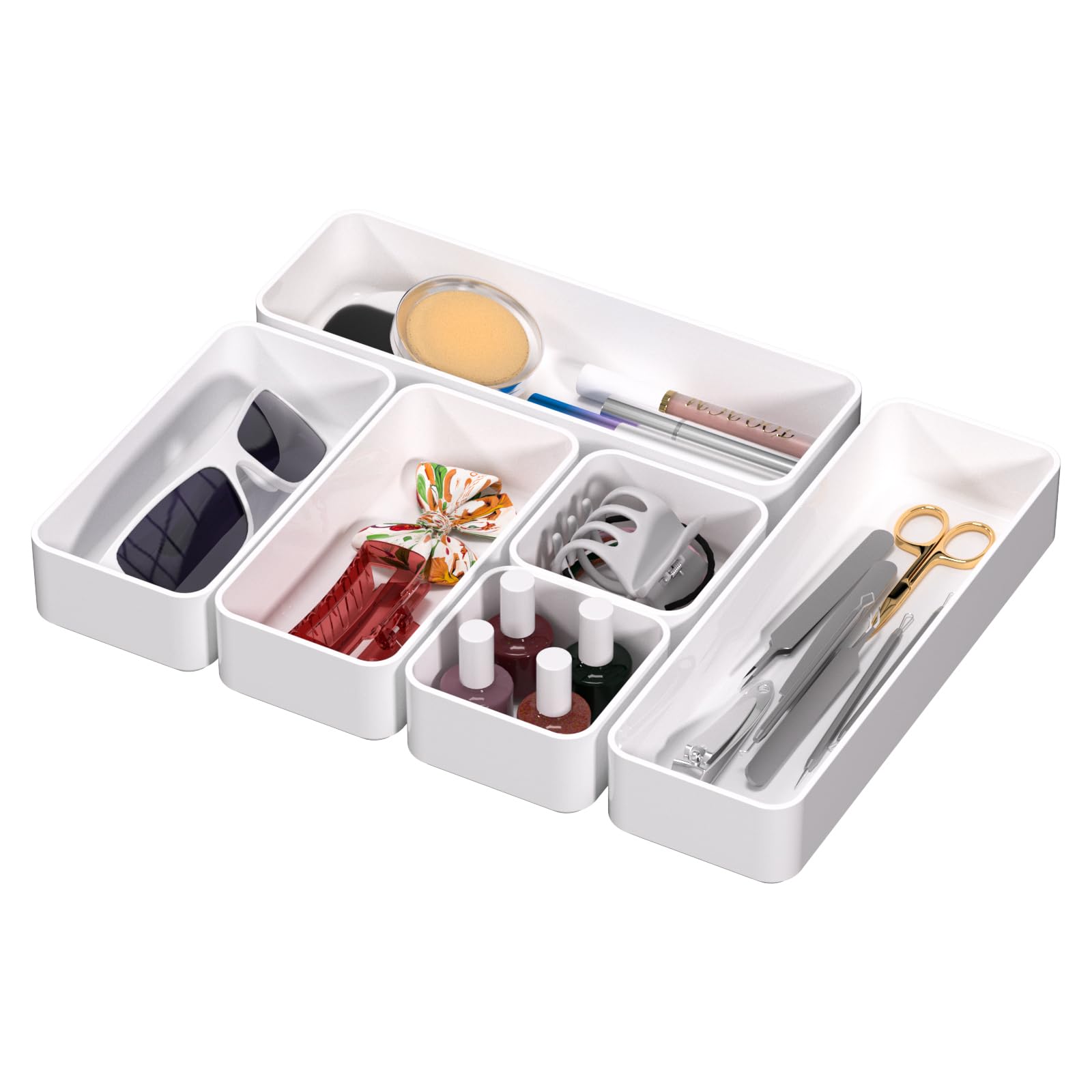Chancetsui White 6 Pcs Stackable Drawer Organizers Set, Versatile Desk And Vanity Drawer Organizer Trays, Storage Bins For Makeup, Bathroom, Bedroom, Kitchen And Office
