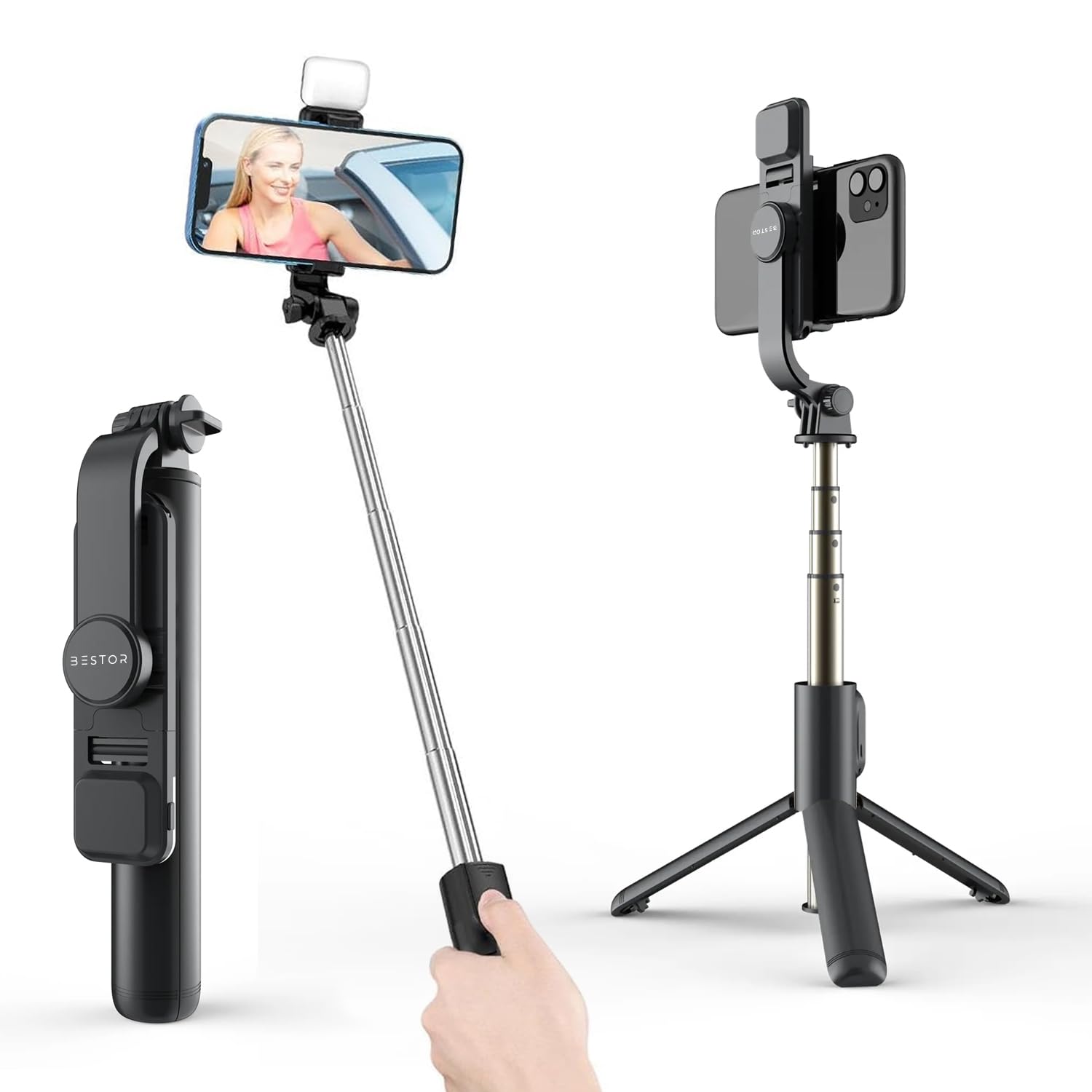 Bestor 360° Selfie Stick Tripod with Flash Light & Phone Stand Wireless Remote Compatible Mobile Phone Bluetooth Selfie Stick (Midnight Black, Remote Included)-image-1