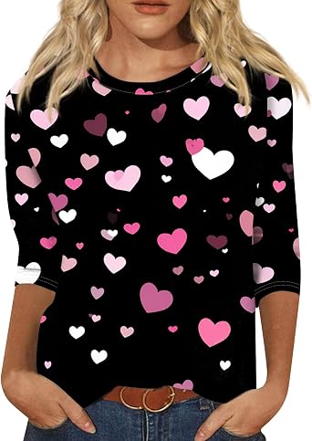 Valentine Shirts for Women Dressy 3/4 Length Sleeve Tops - Heart Printed 2026 Crew Neck Holiday Tunic Tops Blouses