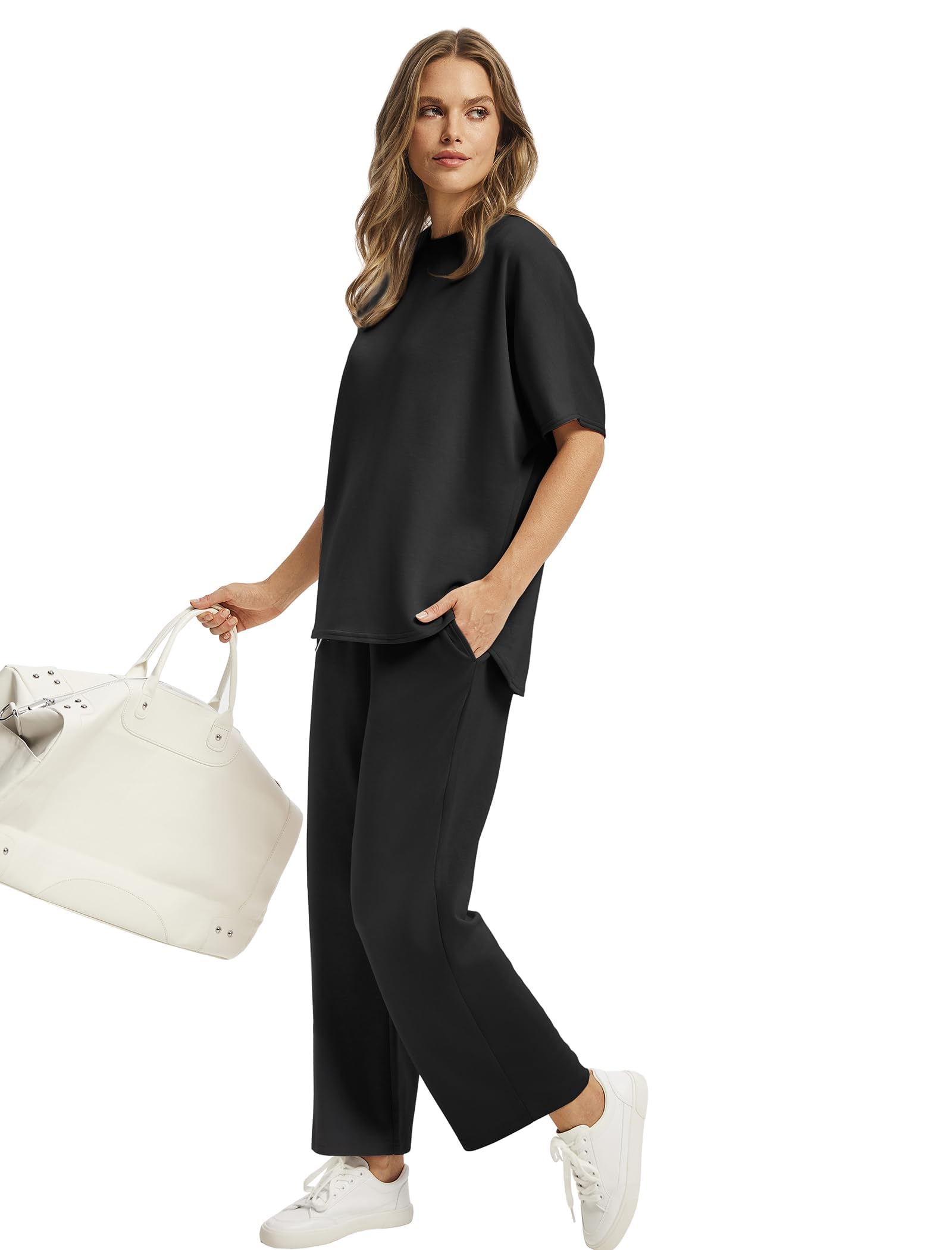 Desol Tenue d'été 2 pièces pour femme, ensemble de survêtement à manches courtes et pantalon de jogging, pantalon capri à jambes larges pour les loisirs, la maison et les voyages