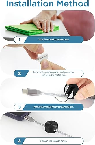 Miniatura 7 de Soporte de cable magnético de metal negro, clips de cable de silicona Maveek, organizador de cables magnético para gestión de cables para mesa de