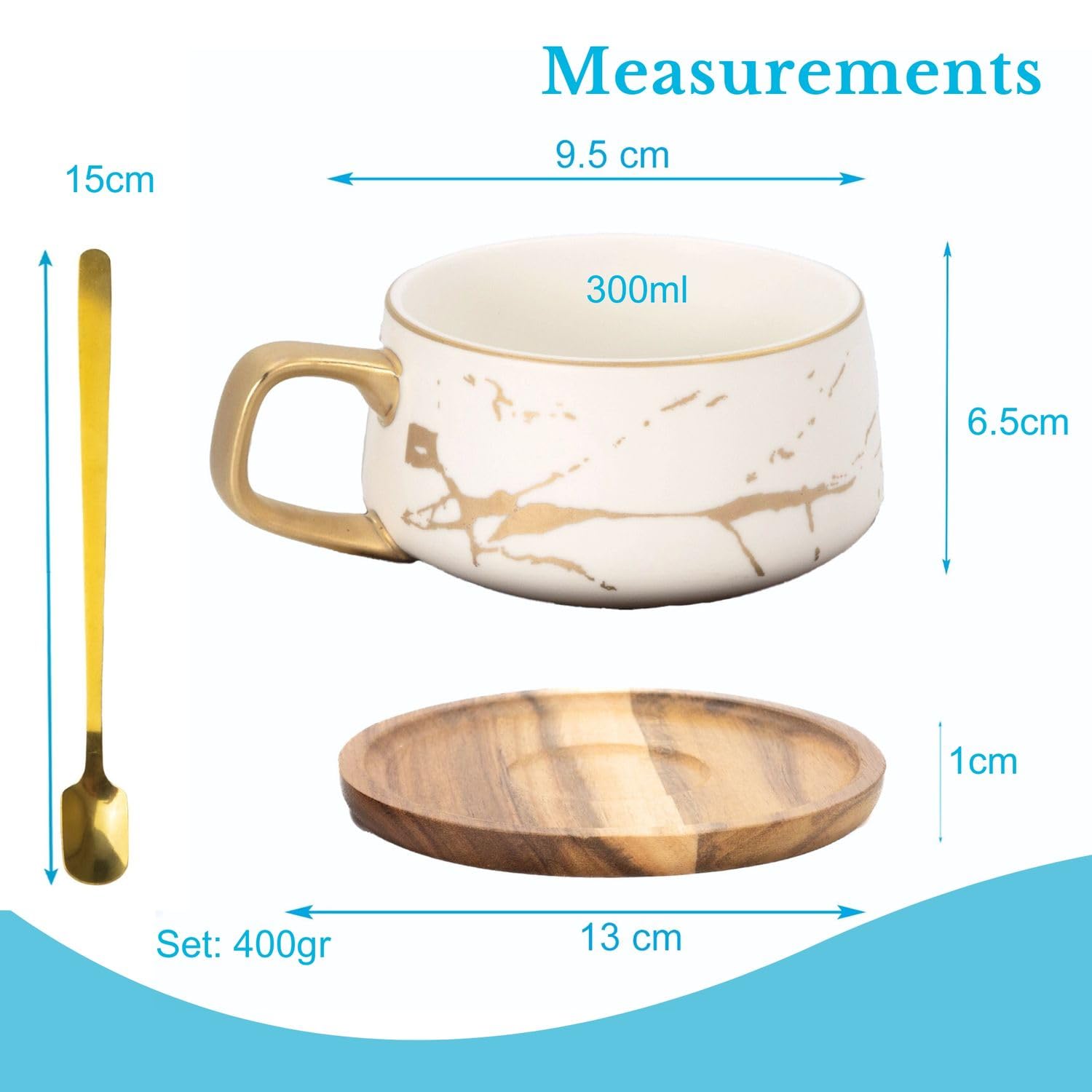INTIRILIFE Tassen Set 4er – Keramiktassen im Marmor Design Weiß mit Gold – 200 ml bis 300 ml – Kaffeetassen mit Holzuntersetzer – Teetassen Geschenkidee für Kaffee Tee Kakao Milch-Trinkbecher