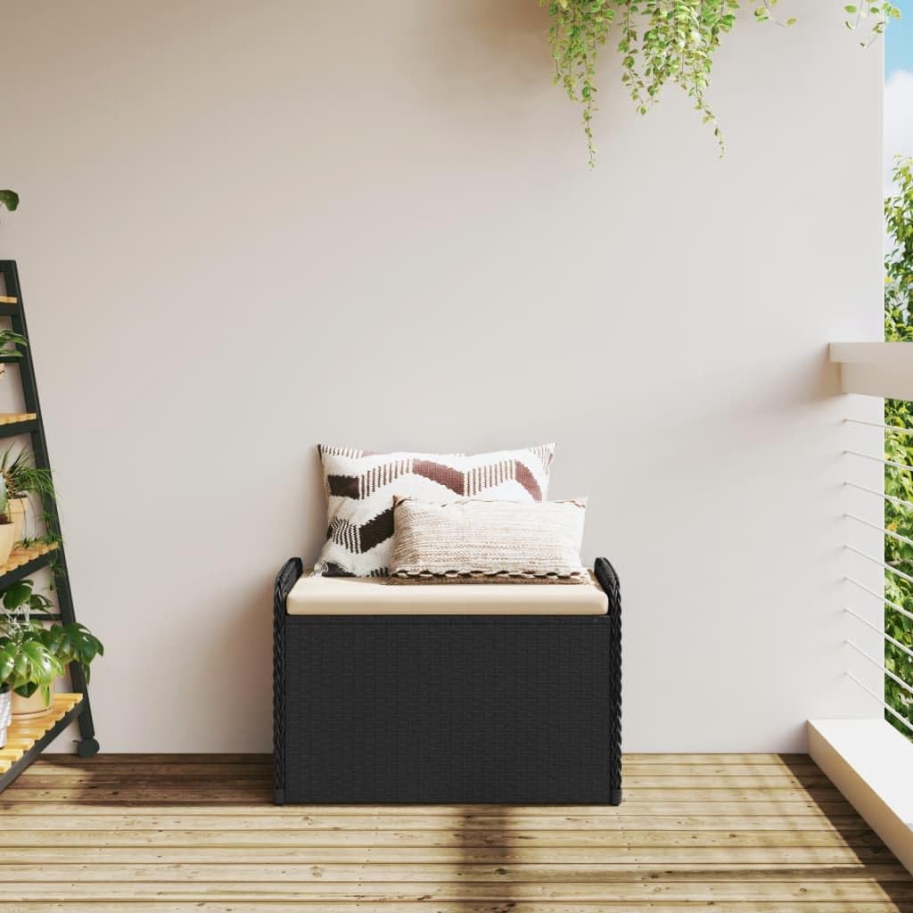 Ławka do siedzenia z miejscem do przechowywania i poduszkami, czarna, 80 x 51 x 52 cm, polirattan, odporna na warunki atmosferyczne, na balkon, ławka ogrodowa z tapicerką i wodoodpornym