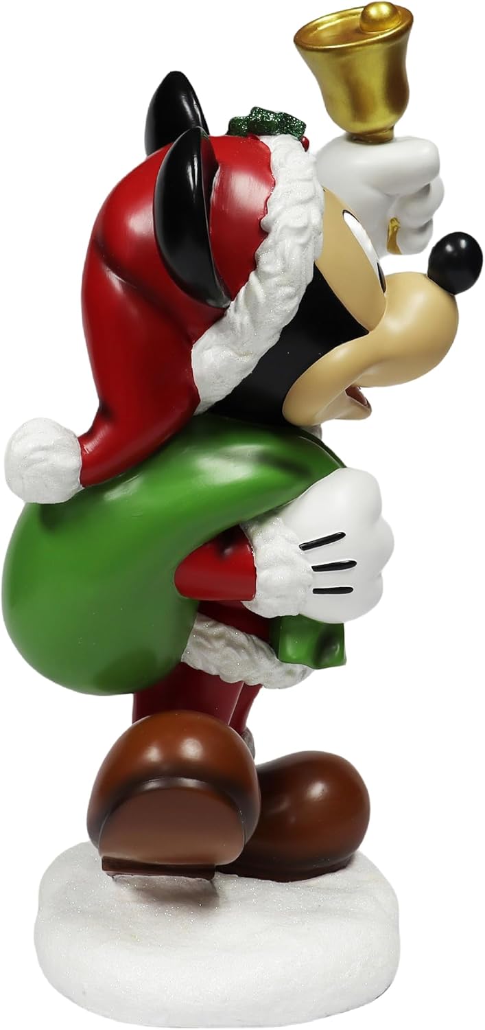 MOMENTS IN TIME Disney Mickey Mouse Christmas Statue 18”H Hand-Painted Polyresin Figurine Santa Mickey with Bell & Gift Sack Holiday Home Decor Festive Disney Collectible