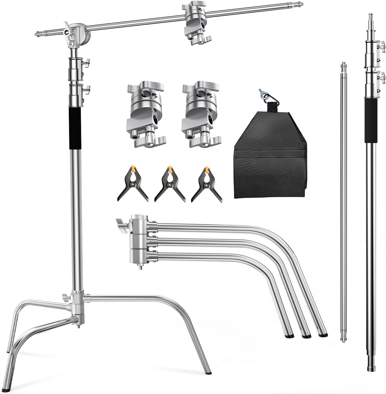 C Stand With Boom Arm - Photography Light Stand, Max Height 10.5ft/320cm, 4.2ft/128cm Holding Arm, Stainless Steel Heavy Duty Silver (CXJH01)