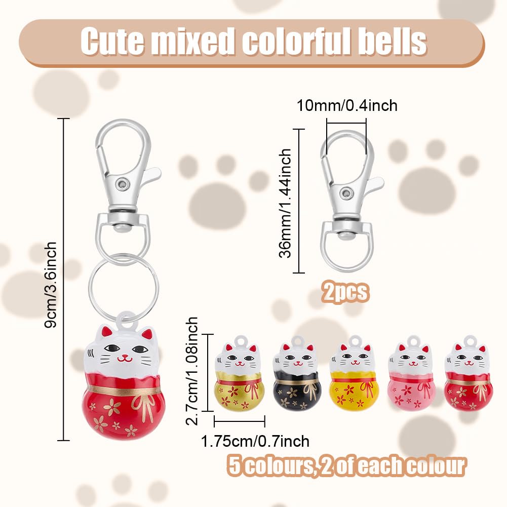 WEBEEDY 10 PCS Lucky Cat Collar Bells 5 Colors Pet Collars Bells Charm with Key Rings Brass Fortune Cat Collar Charms Loud Crisp Sound Small Animal Pendant for DIY Bag Keychain Home Decoration - Image 2