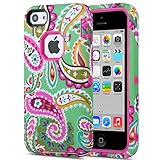 iPhone 5C case Cover,iPhone 5C case cute, ULAK High Impact Hybrid PC TPU Shock Absorbing Case for Apple iPhone 5C w/ Screen Protector and Stylus - Retail Packaging (Paisley Flower + Rosered PC)