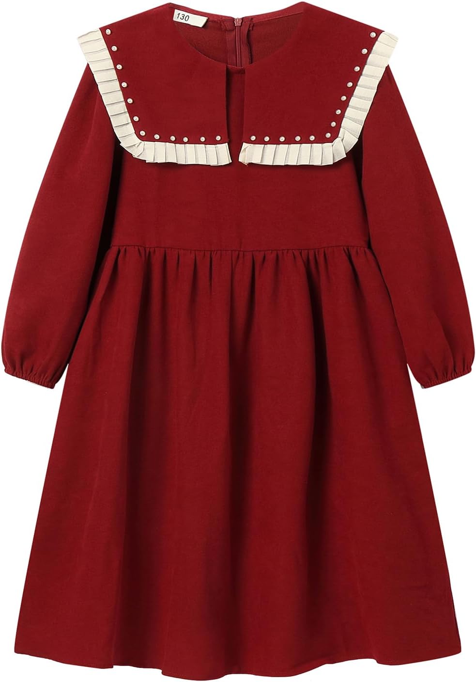 Girls Peter Pan Collar Dress Pearl Trim Corduroy Long Sleeve Midi Dresses with Zipper 6-16Y