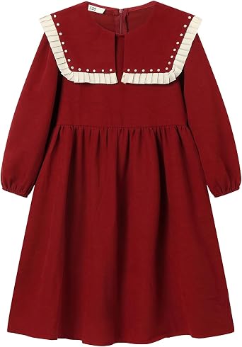 Girls Peter Pan Collar Dress Pearl Trim Corduroy Long Sleeve Midi Dresses with Zipper 6-16Y