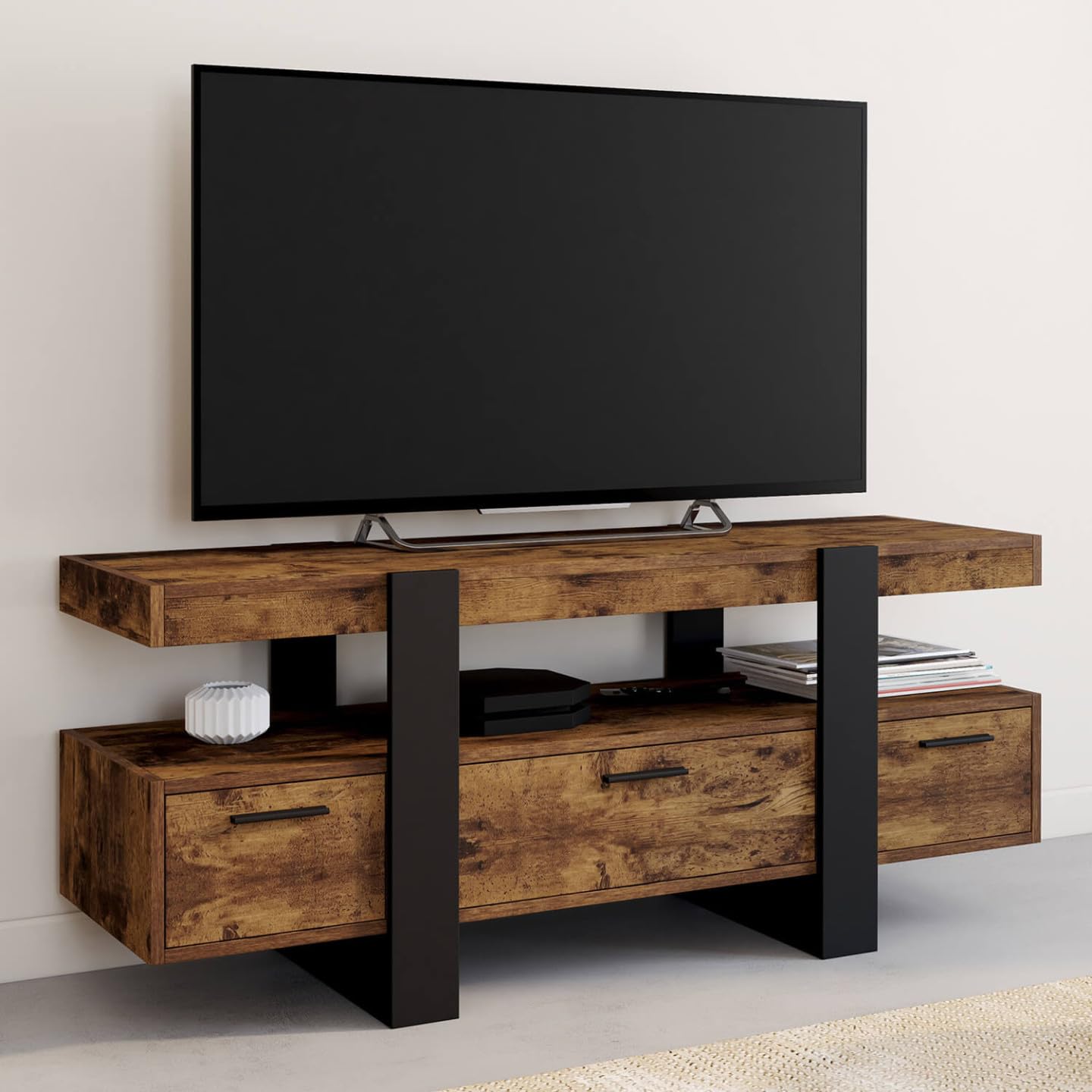 IDMarket - Meuble TV 116 cm Phoenix avec tiroirs Bois Effet Vieilli et Noir