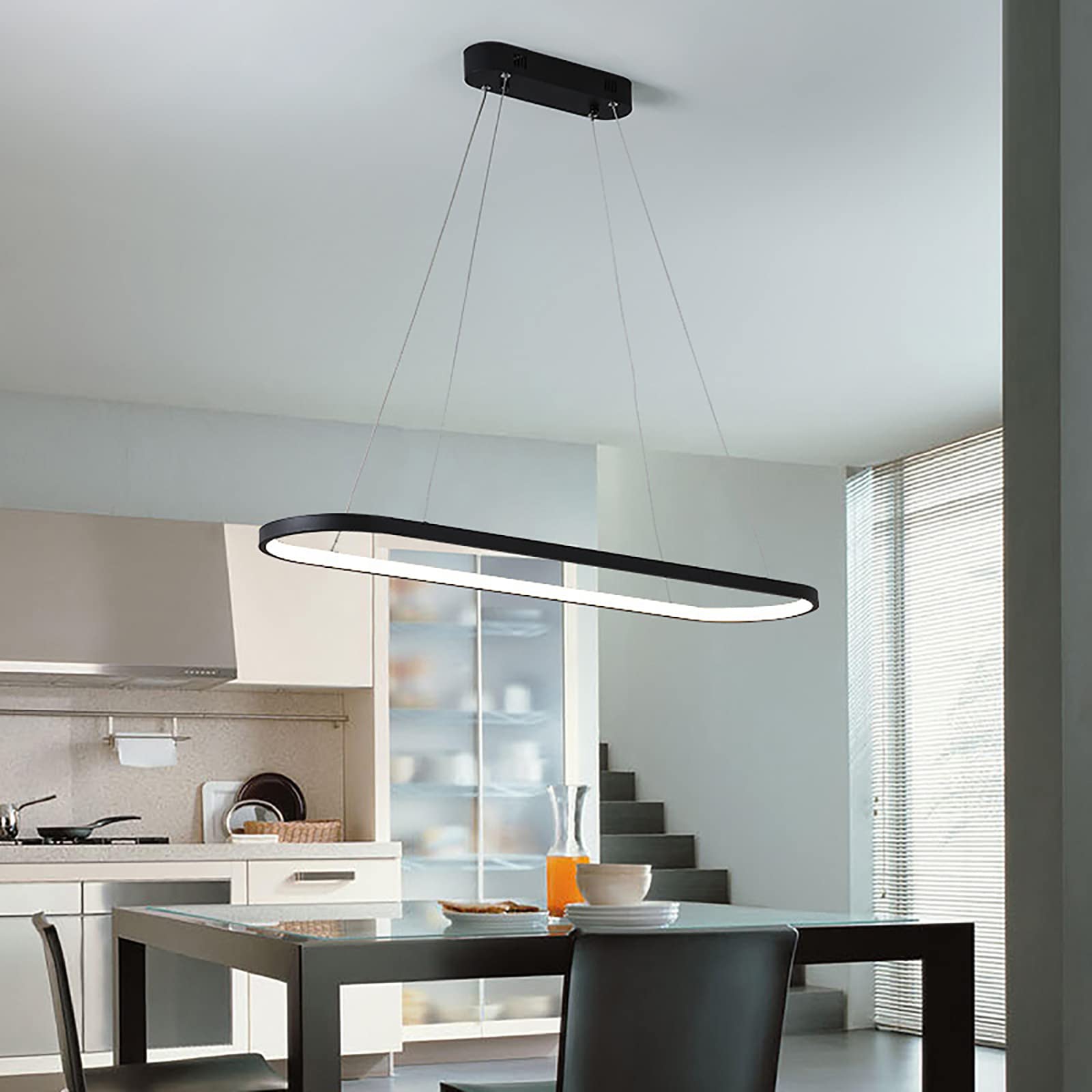KXEcoLife Modern Dimmable LED Pendant Light Fixture with Remote Control Contemporary Linear Chandelier for Dining Room and Kitchen Island Black Acrylic Hanging 28x8inch