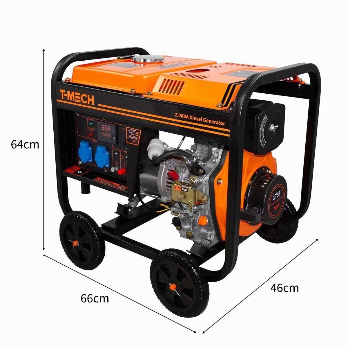 T-Mech Generatore Portatile 6CV Monofase 5in1 Display Digitale 12.5Lt Diesel 2KW Fino a 35 ore di autonomia con metà Pieno 4 ruote facile da trasportare ottimo per Garage Officina Cantiere Campeggio
