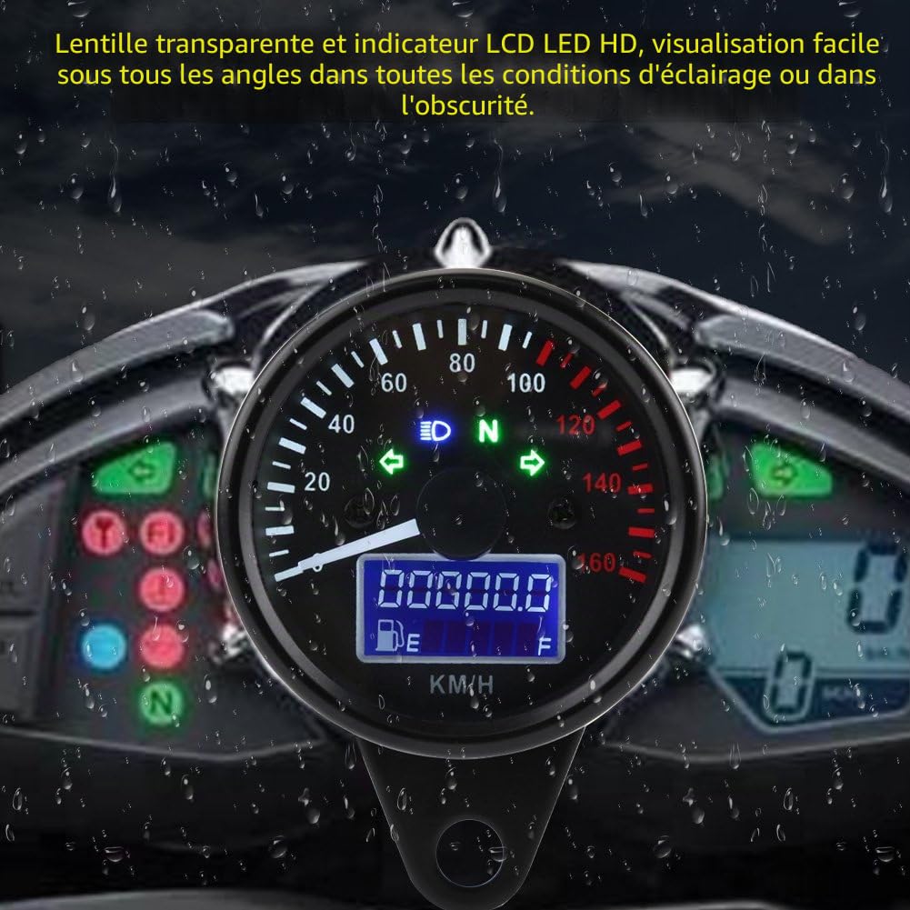Qiilu Compteur de vitesse universel, 0~160KM / H Moto Tachymètre Numérique LCD Compteur de Vitesse Tachymètre Gauge de Indicateur de Vitesse