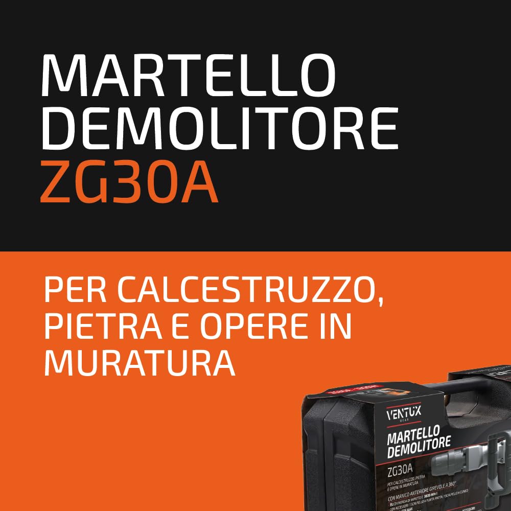 Martello Demolitore Professionale -1300W con 3 Punte e Scalpello - Martello Per Lavori di Demolizione su Cemento e Muratura - Demolitore Elettrico ad alta potenza e Manico Antivibrazione