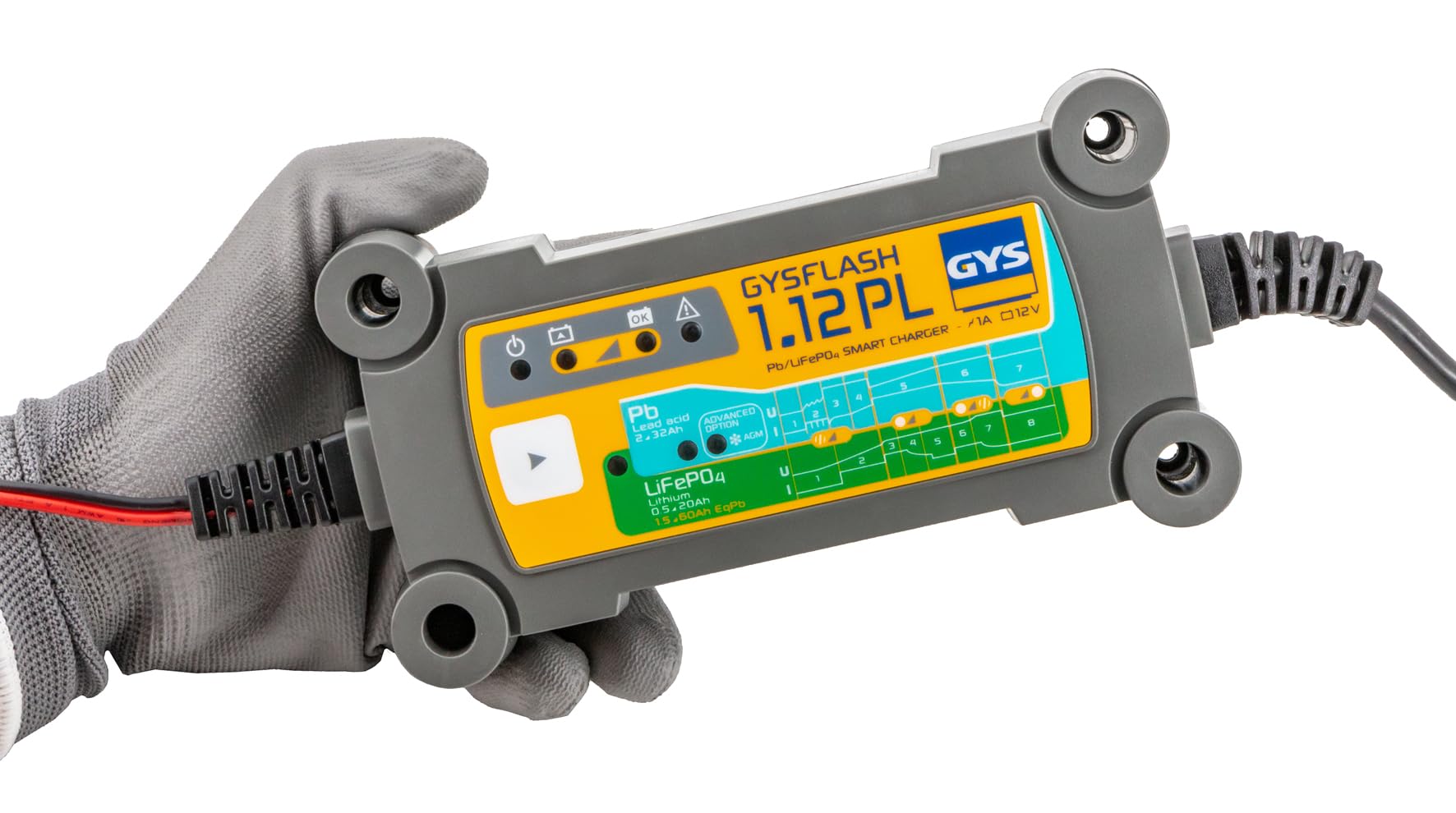GYS - GYSFLASH 1.12, Caricabatterie/Mantenimento di Carica per Le Batterie, 12V, 1A, Piombo e Litio, Caricatore Intelligente, mantenitore, Moto, Auto, Moto d’Acqua, Showroom - 026902