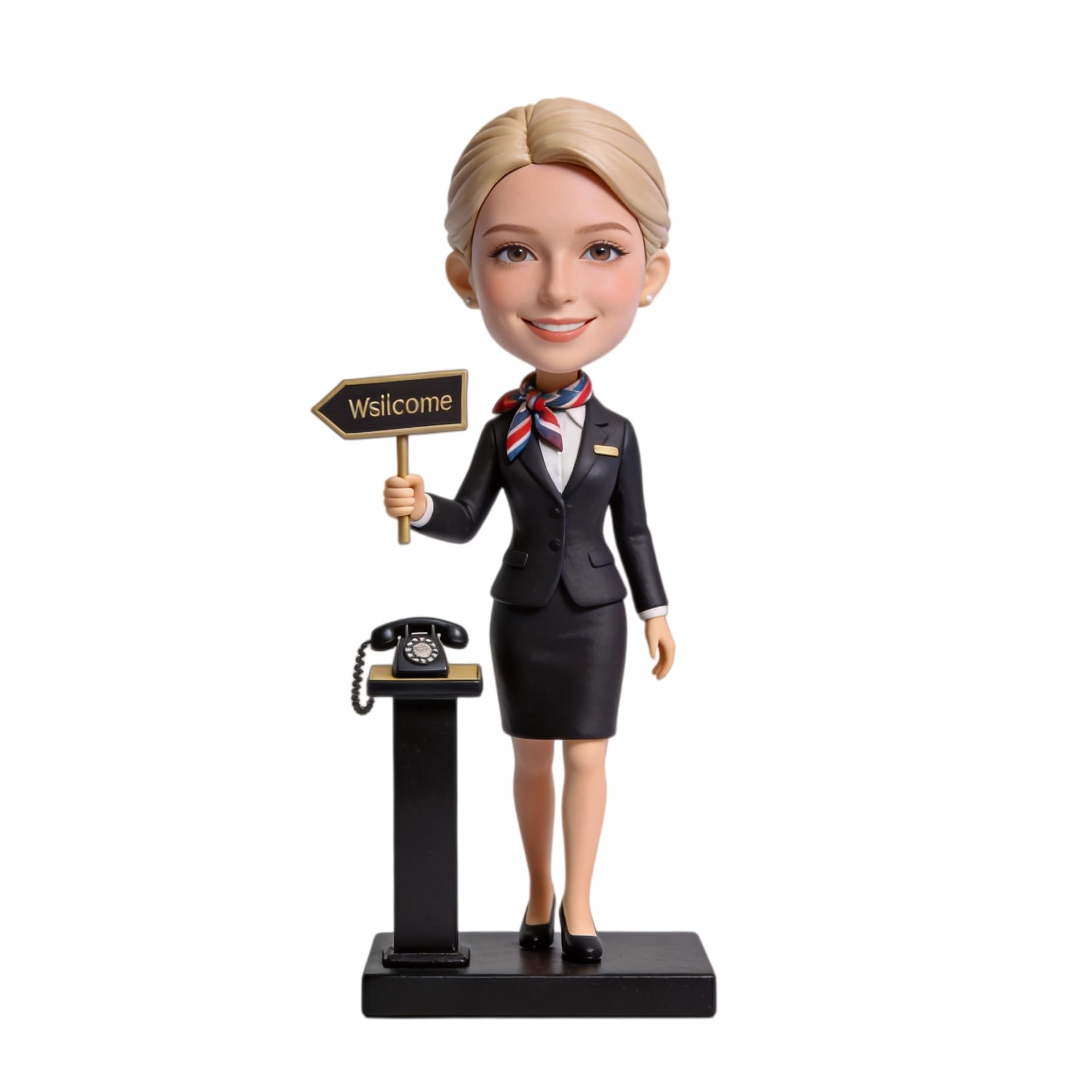 Figura 3D personalizada de recepcionista de hotel, figura 3D personalizada de la foto, estatua de cuerpo completo de arcilla polimérica hecha a mano con letrero de bienvenida teléfono vintage