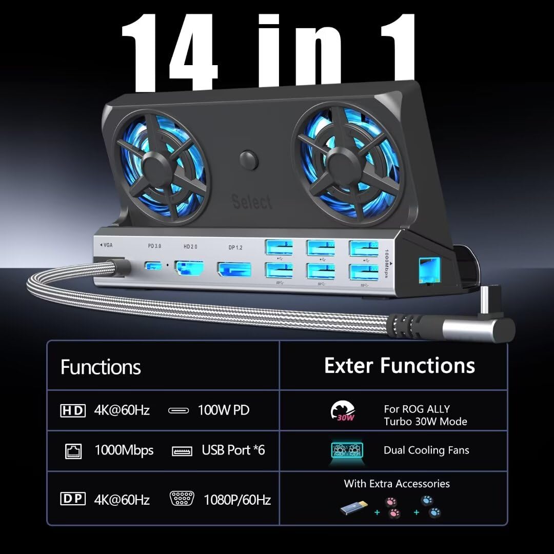 YCE Freve di raffreddamento 14 in 1 Steam Deck Docking Station with HDMI 2.0,6 USB Ports,1000Mbps,Type c 100W PD,DP1.2,VGA 40Gbps Adapter for Steam Deck/Rog Ally/Switch/Legion Go