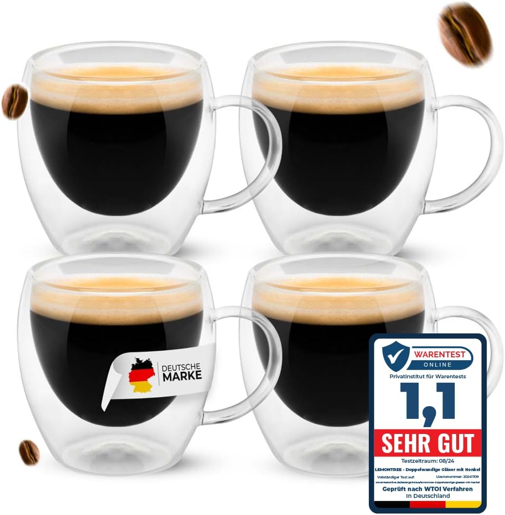 2er Set Espressotassen Aus Glas Mit Walnuss-Holzhülse - 150 Ml Cappuccino Tassen Für Echte Kaffeeliebhaber