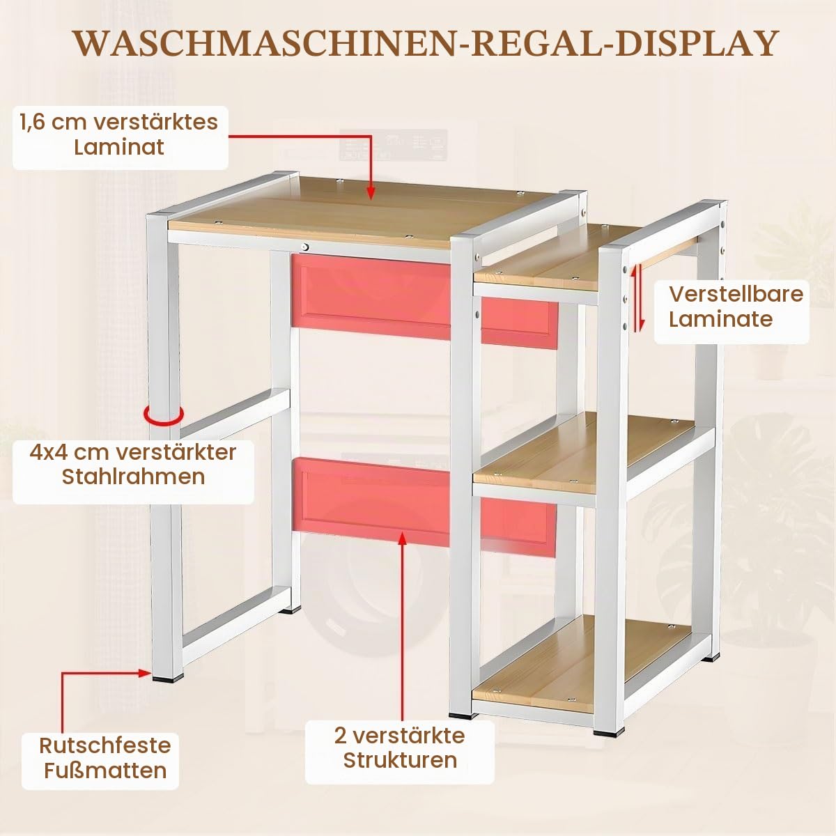 Waschmaschinenregal für Trockner mit Seitlichem Ablagefach, Regal über Waschmaschine, Höhenverstellbar, Waschmaschinenschrank mit Trockner für Badezimmer, Küche & Waschküche(White)