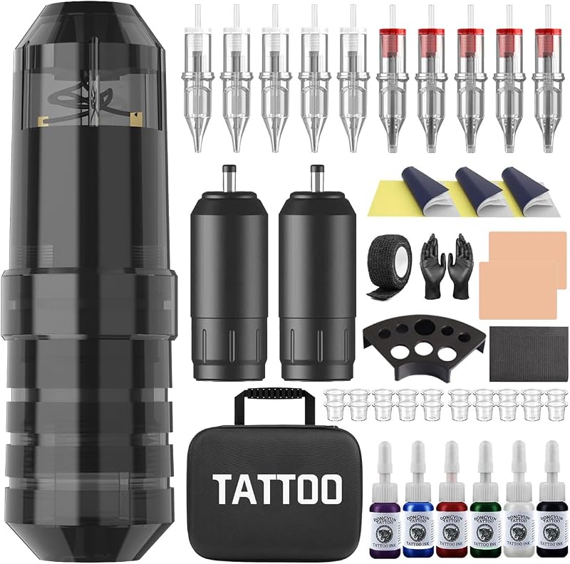 Kit para Tatuagem DZWSHYBG com Caneta sem Fio, 2 Baterias RCA de 1300mAh, 10 Agulhas Cartucho, Pele para Prática e Tinta com 6 Cores