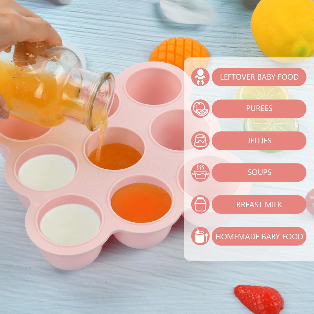Aolso Contenitore Pappa per Bambini in Silicone, 9 Scomparti × 75ml Stampi Contenitori Pappa per Freezer Senza BPA, Vassoio in Silicone per Alimenti Neonati con Coperchio Rimovibile, Rosa