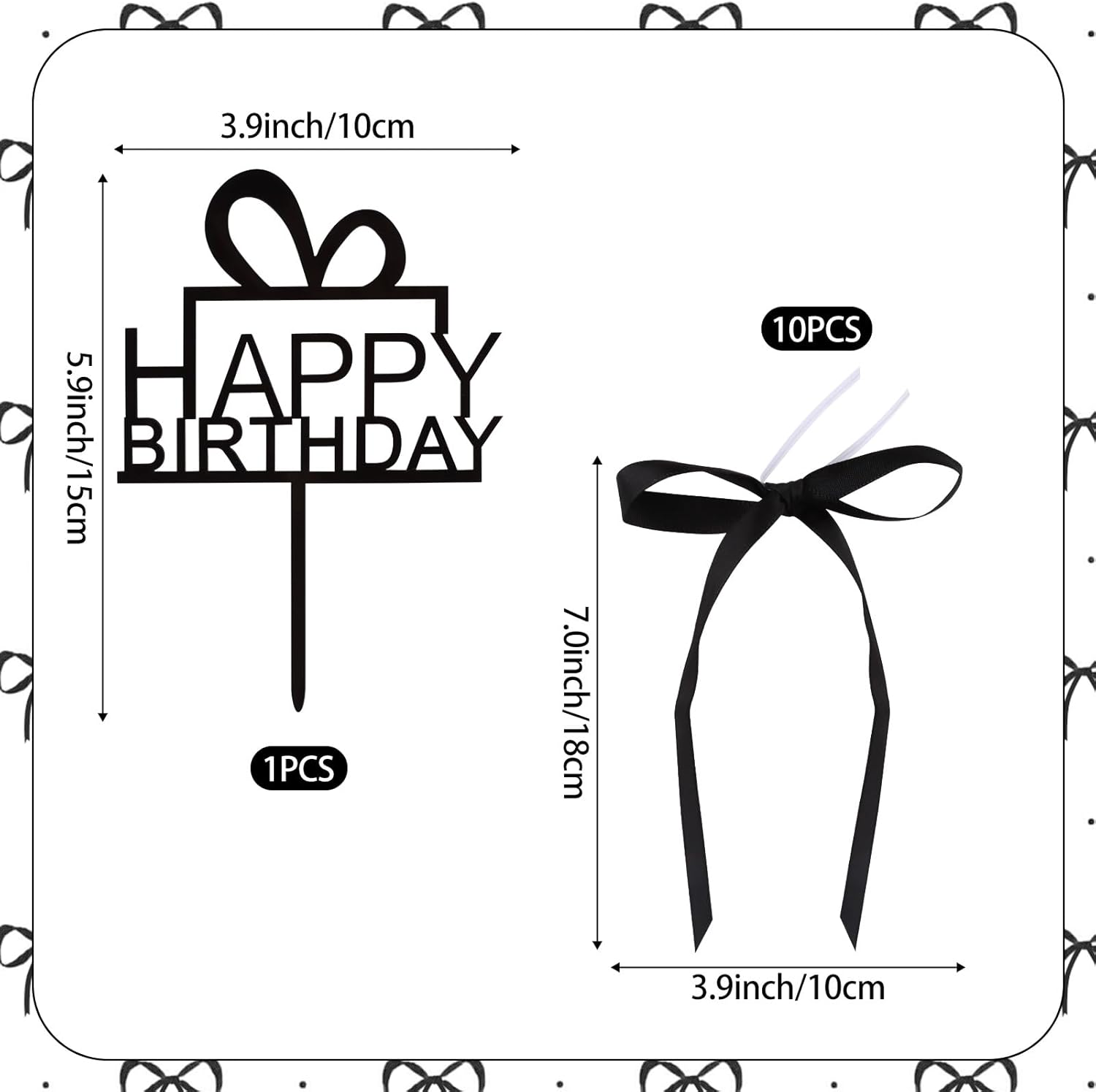 11 Pack Bow Cupcake Toppers Birthday Bowknot Ribbons Cake Topper Coquette Themed Party Black Bow with Happy Birthday Sign for Girl Kids Baby Bridal Wedding Party Cake Decorations
