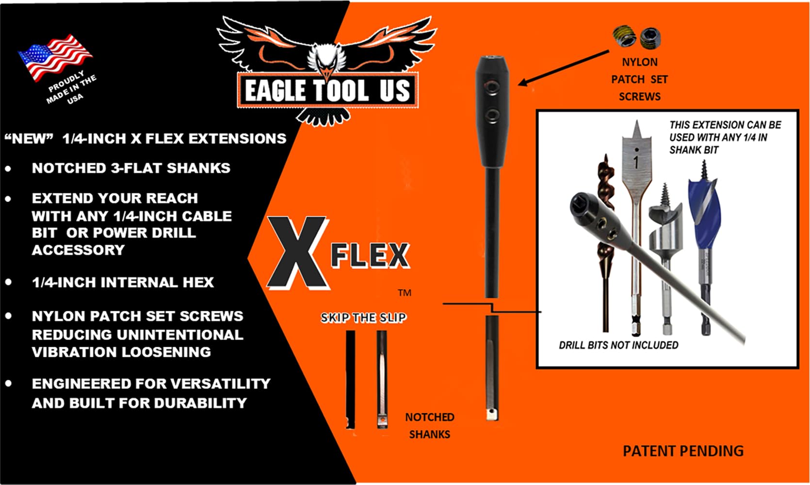 Eagle Tool US ETHX25018 X Flex Flex Drill Bit Extension, 1/4" Shank by 45,7 cm, con adattatore esagonale 1/4" Made in USA