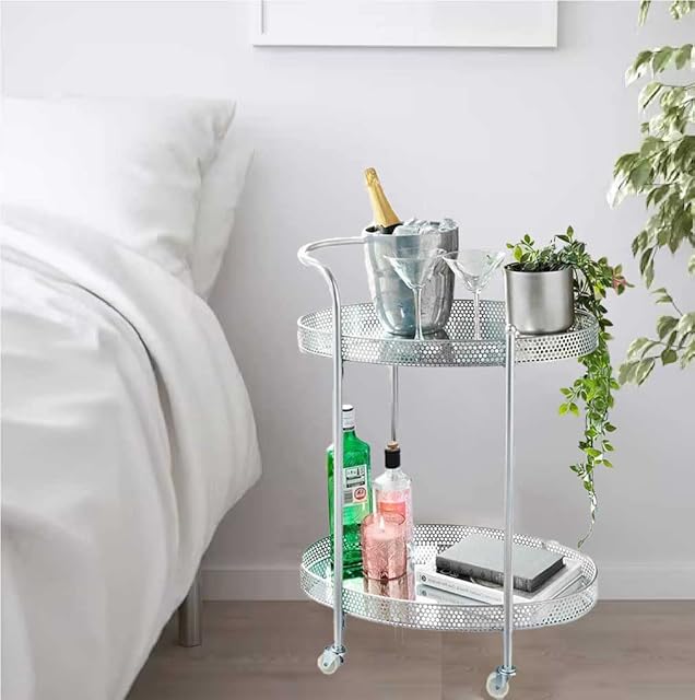KHAPALWAK New Deco Glamour Drinks Trolley, Silver - Stylish Metal Serving Cart with 2 Glass Shelves, Mini Bars for Home, 2-Tier Deluxe Serving Cart for Living Room, Dining Room,(Silver, Round)