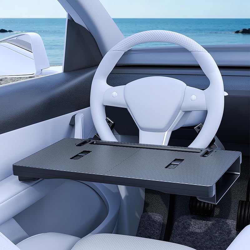 Image of BestYiJo 2-in-1 Car Steering Wheel Tray & Car Seat Gap Filler Organizer - Removable Carbon Fiber Look Table for Laptop Work, Eating Food, Writing on Standard Round Steering Wheels