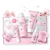 Sakura Moisturizing Gift Set Women Cleaning & Care Beauty Set for Teenagers Girls and Women 8-Piece Skincare Set with Cleanser Toner Face Serum Cream Eye Cream Face Brush Hair Accessories